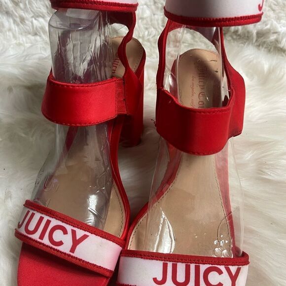 Juicy Couture Glisten fabric Red and white platform ankle strap  heels SZ8.5 M - Picture 5 of 14